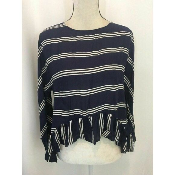 Zara Womens Navy Blue White Striped Long Sleeve Top 100% Viscose Small - Picture 1 of 6